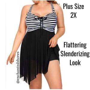 2 Pc Swimsuit Tankini Dress & Shorts Cross Back Black White Womens Plus Size 20W
